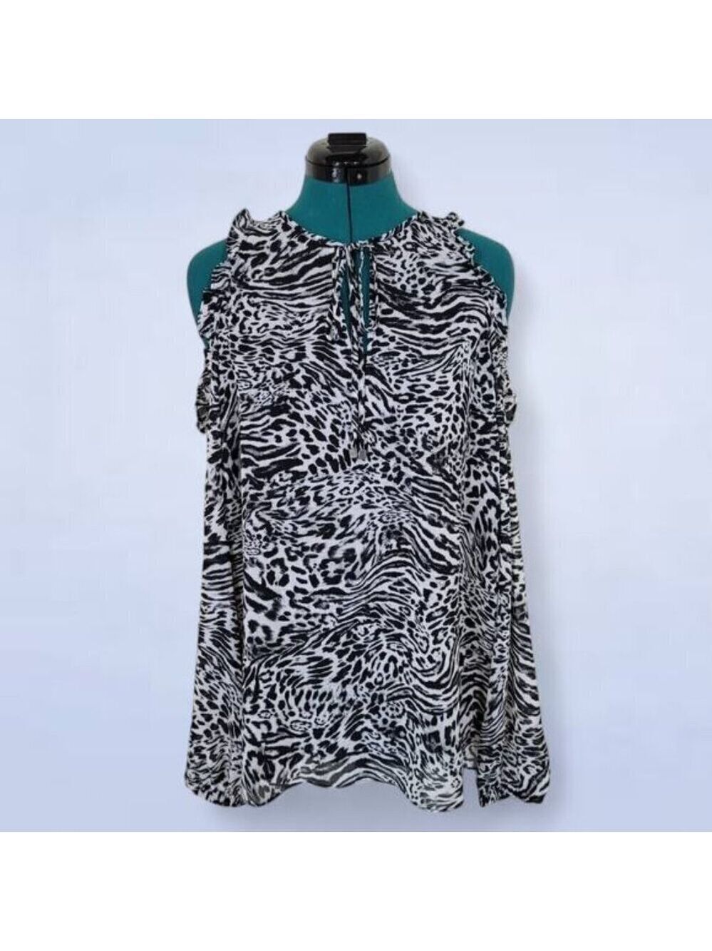 Michael Michael Kors Black Animal Print Colder Shoulder Blouse - Size Large